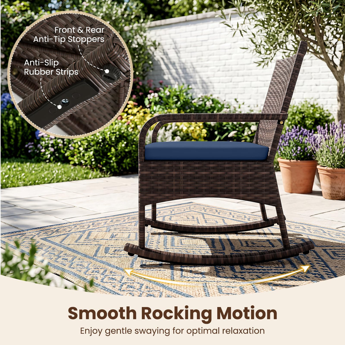 Tangkula 3-Piece Outdoor Wicker Rocking Bistro Set with 2-Tier Coffee Table