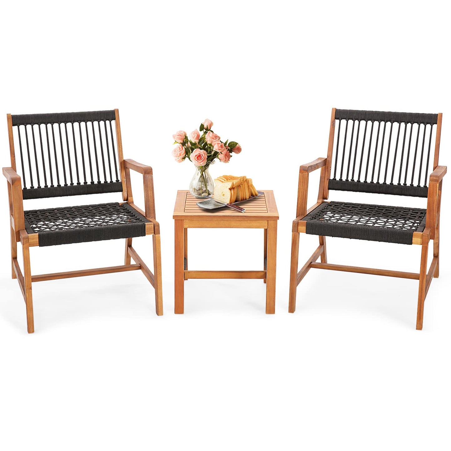 Tangkula 3 Pieces Acacia Wood Outdoor Furniture Set, All-Weather Rope Woven Bistro Set with Armchairs and Coffee Table