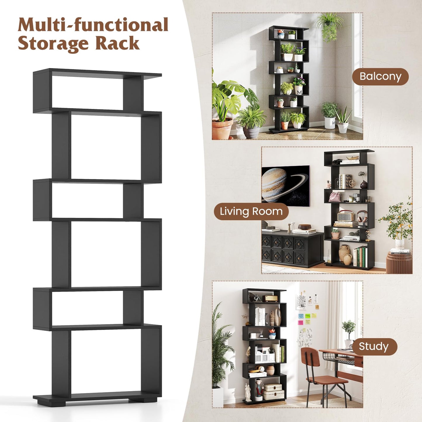Tangkula 6 Tier S Shaped Bookshelf for Study