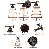 Tangkula 3-Light Vintage Vanity Lights, Industrial Metal Wire Cage Wall Sconces(Black & Golden)