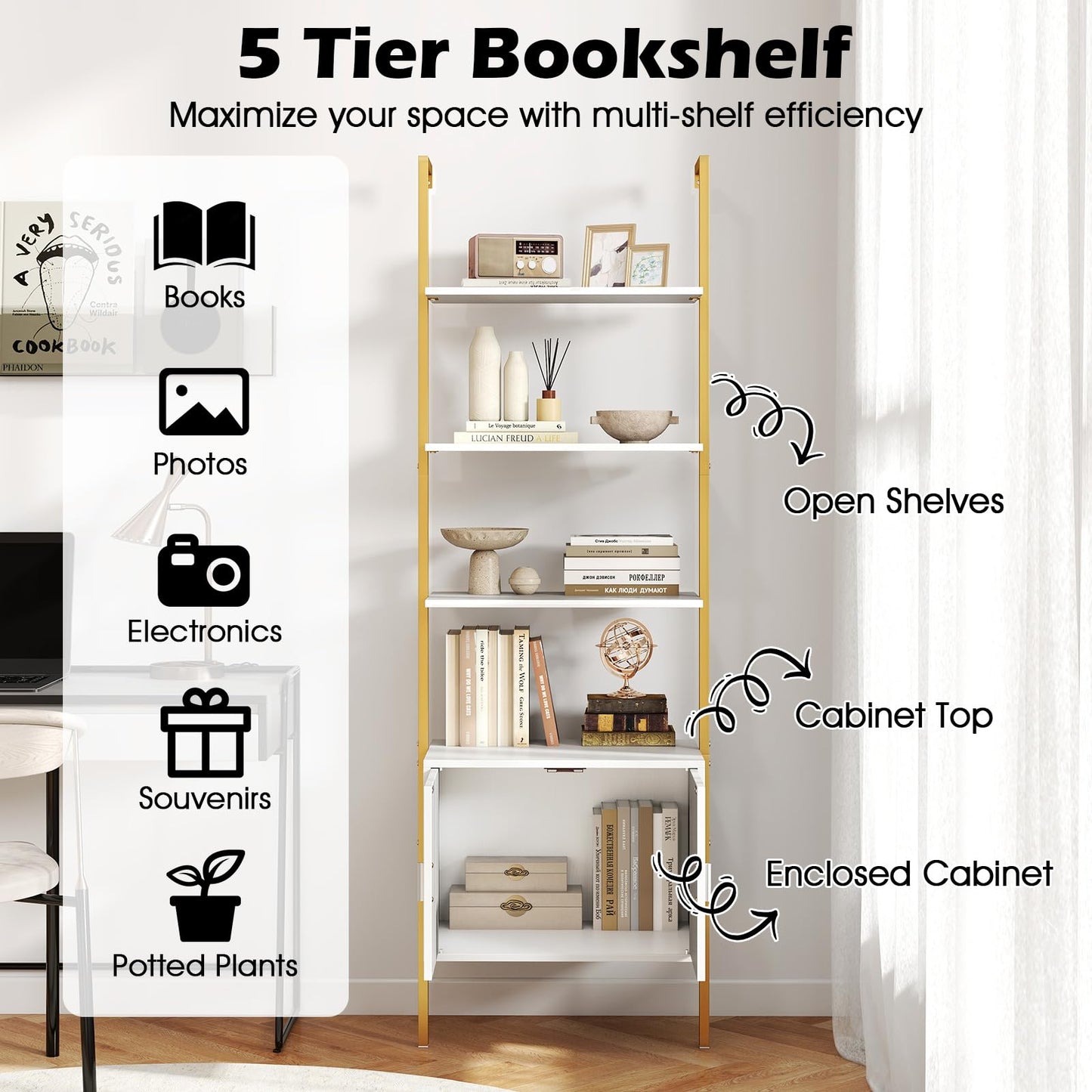 Tangkula 72.5” Tall Bookshelf 5 Tier Wall Mount Ladder Bookcase(1/2)