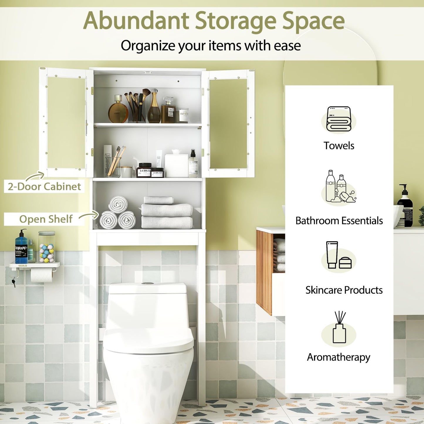 Tangkula Over The Toilet Storage Cabinet  w/Double Tempered Glass Doors