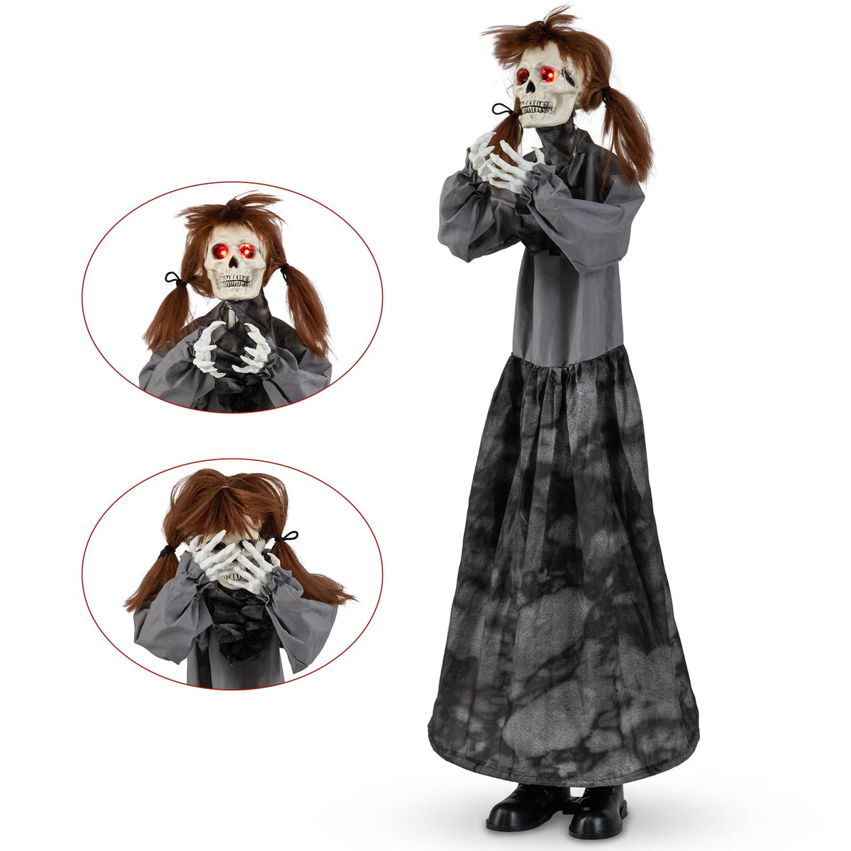 Tangkula 4 FT Halloween Animatronic Standing Skeleton Gril with Pop Up Head