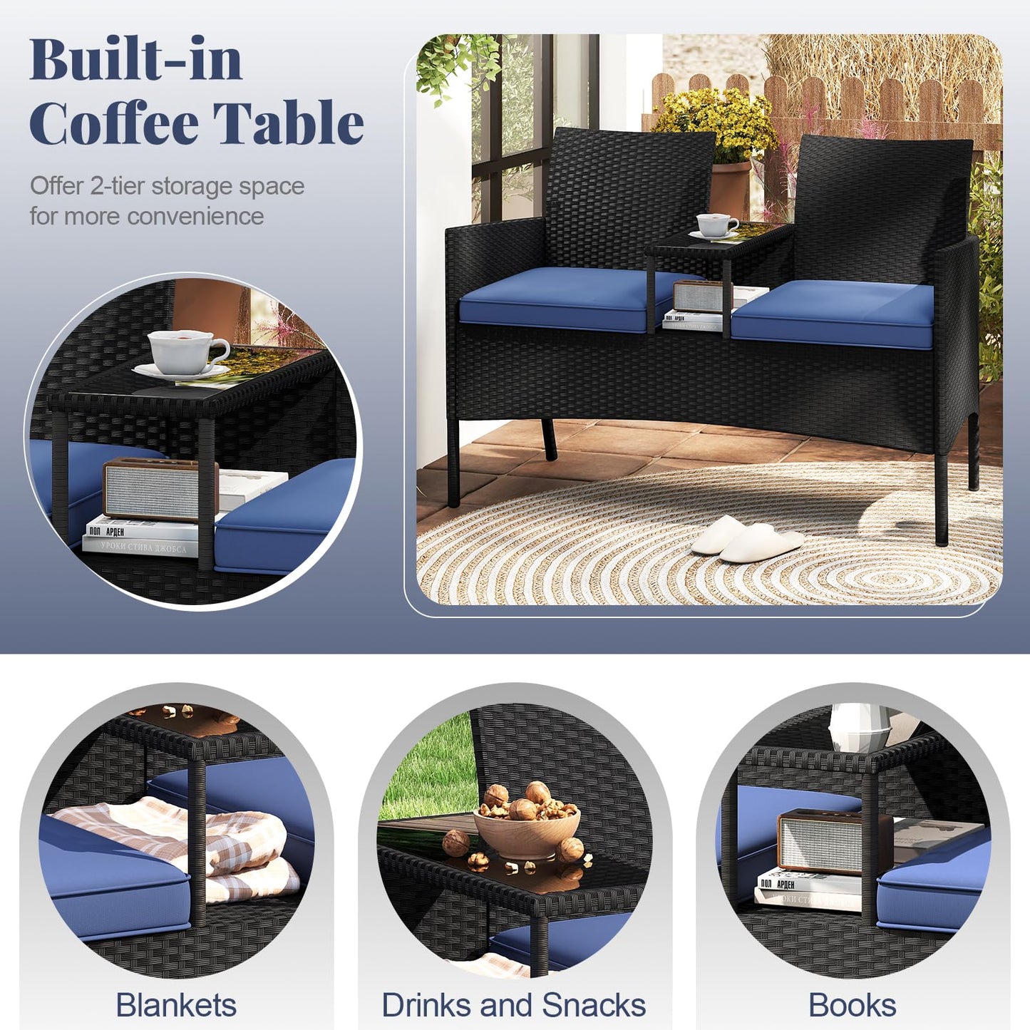 Tangkula Patio Loveseat with Built-in Table