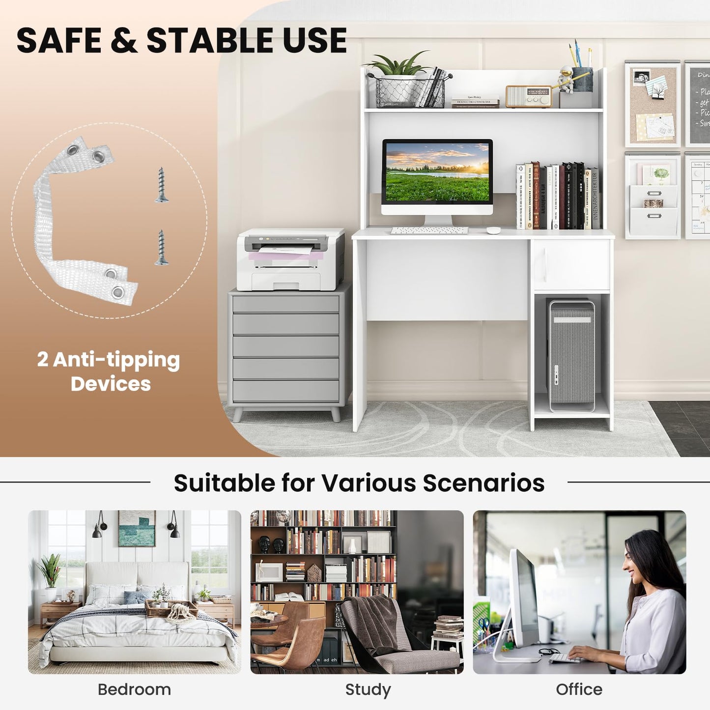 Bureau d'ordinateur Tangkula avec étagère pour chambre à coucher