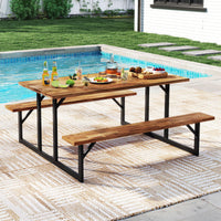 Tangkula 6 Person Acacia Wood Picnic Table with 2 Built in Benches