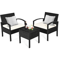 Tangkula 3 Piece Patio Conversation Set, Outdoor Rattan Sofa Set with White Seat Cushions & Coffee Table