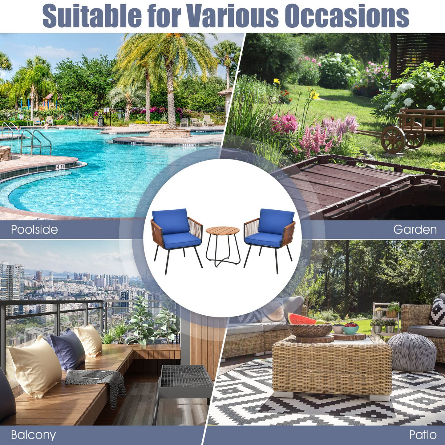 3 Pieces Patio Bistro Set, Outdoor Conversation Chair Set with Coffee Table