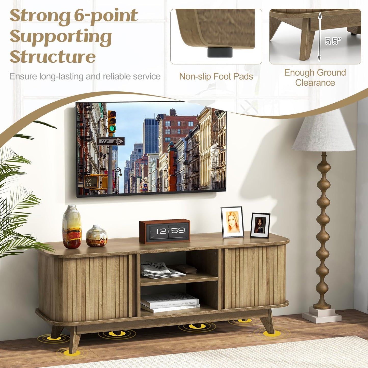 Tangkula Sliding Doors TV Stand for TV up to 55 Inch, Mid Century Modern TV Console Table (Oak)