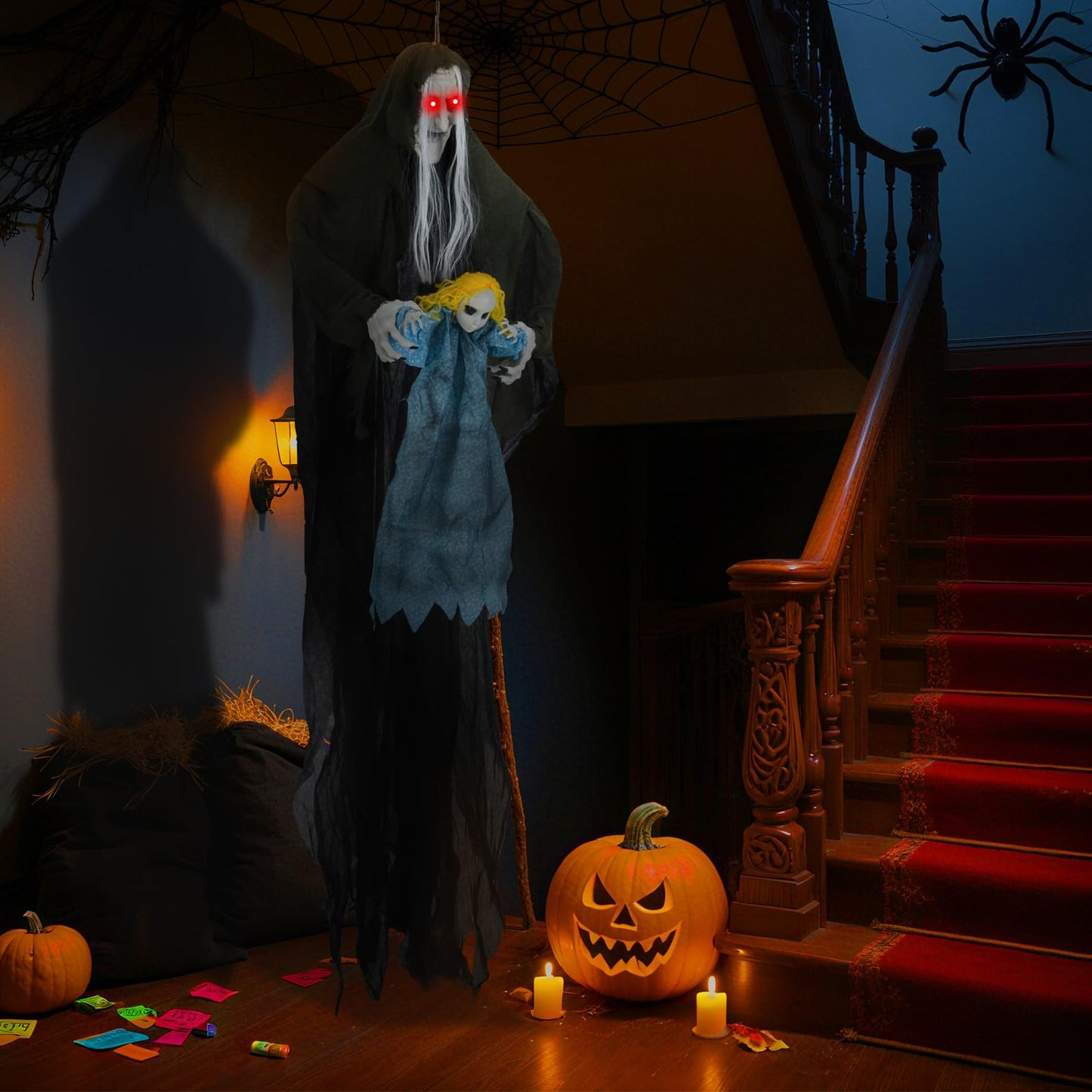 Tangkula Hanging Halloween Decoration Sound-Activated Witch Holding Ghost Girl with Spooky Sounds
