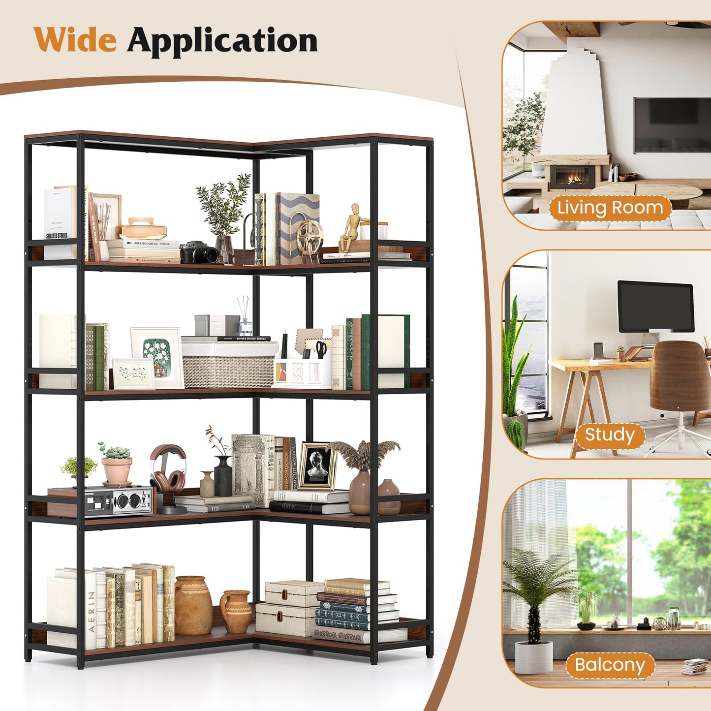 Tangkula Large Corner Bookshelf 90 Degrees 5-Tier Industrial Wood Open Corner Bookcase