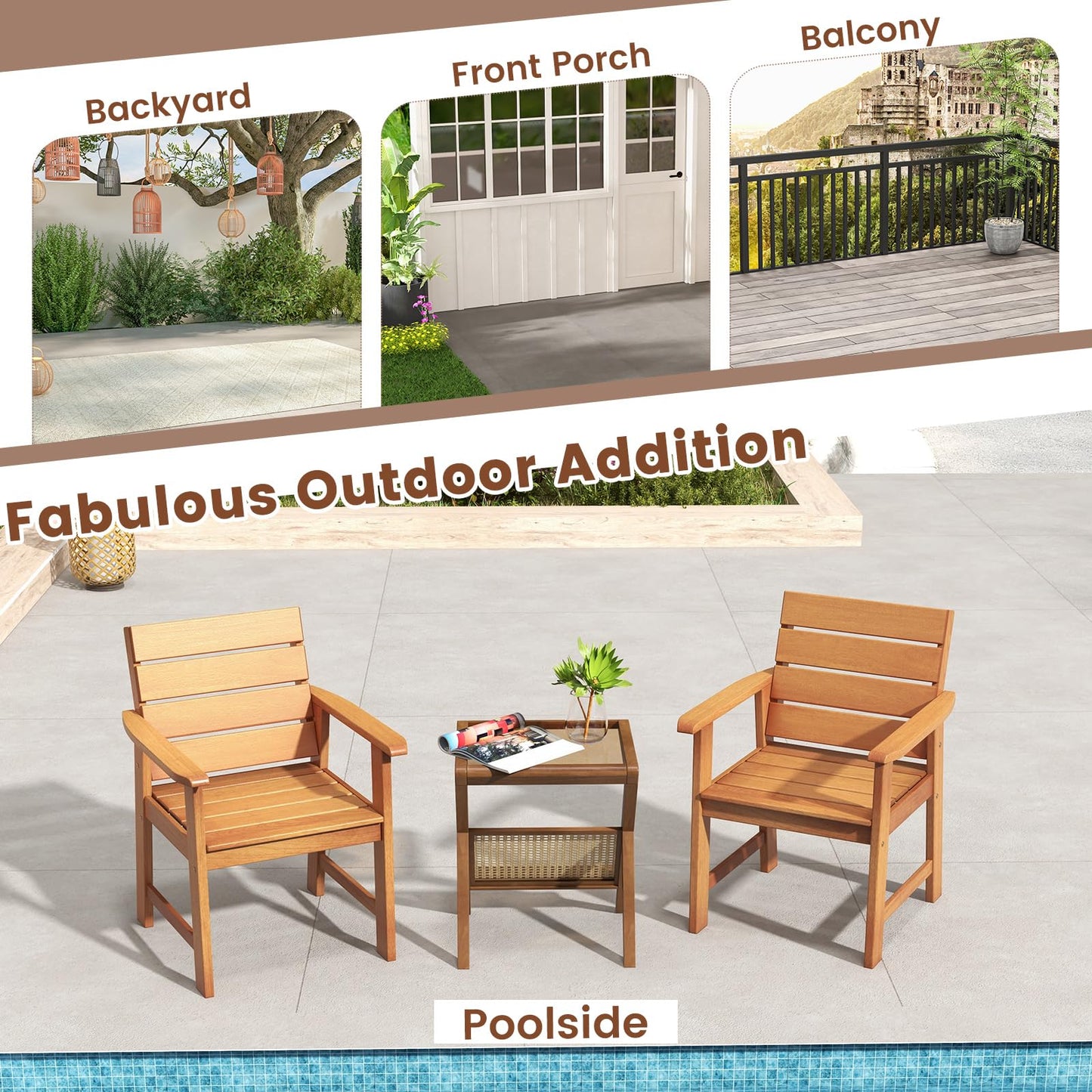 Tangkula Set of 2 Hardwood Patio Dining Chair, Wood Dining Armchairs with Breathable Slatted Seat & Inclined Backrest
