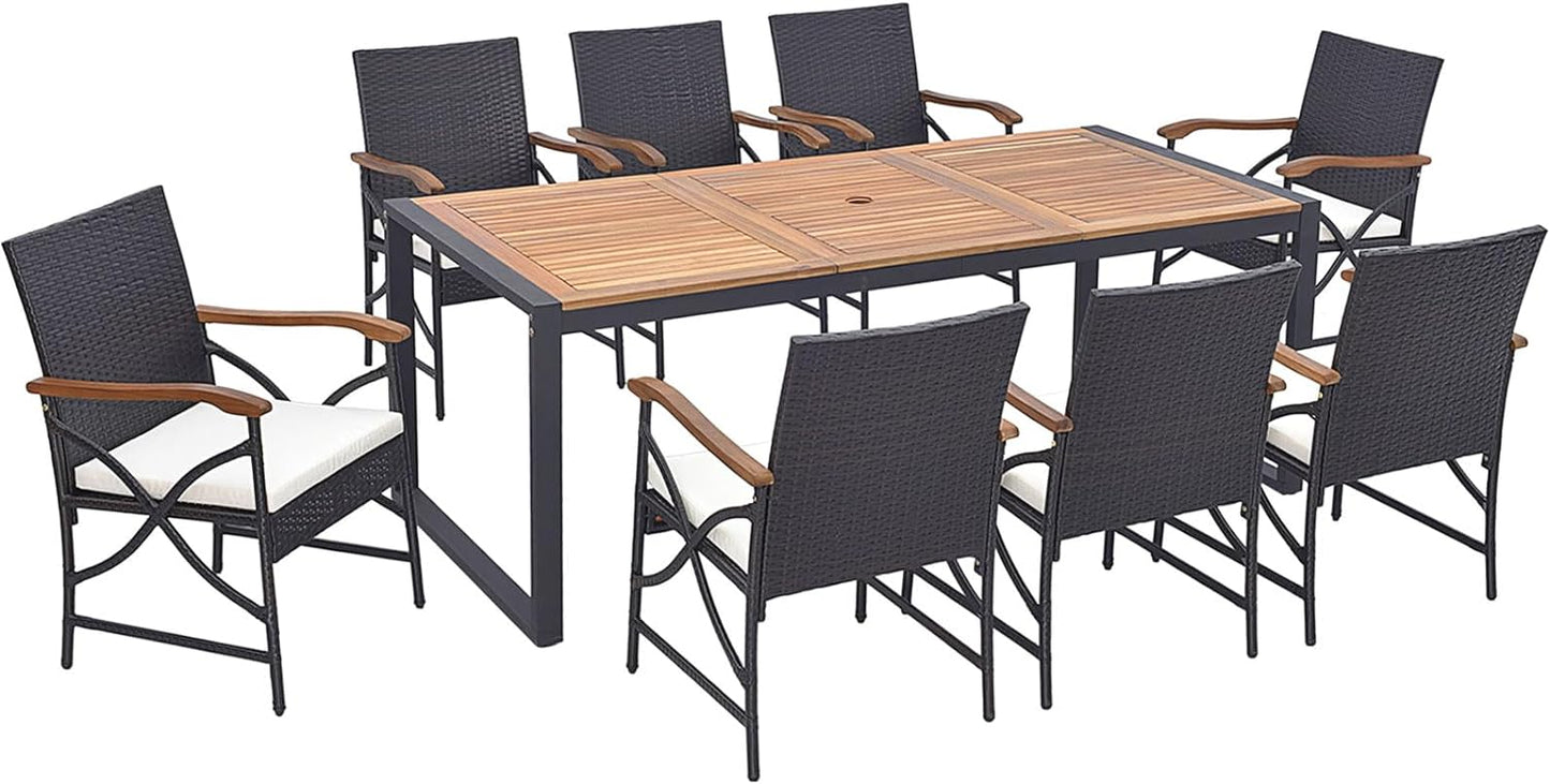 Tangkula Ensemble de 9 meubles de salle à manger en rotin avec table en bois d'acacia, ensemble table et chaises d'extérieur avec coussins